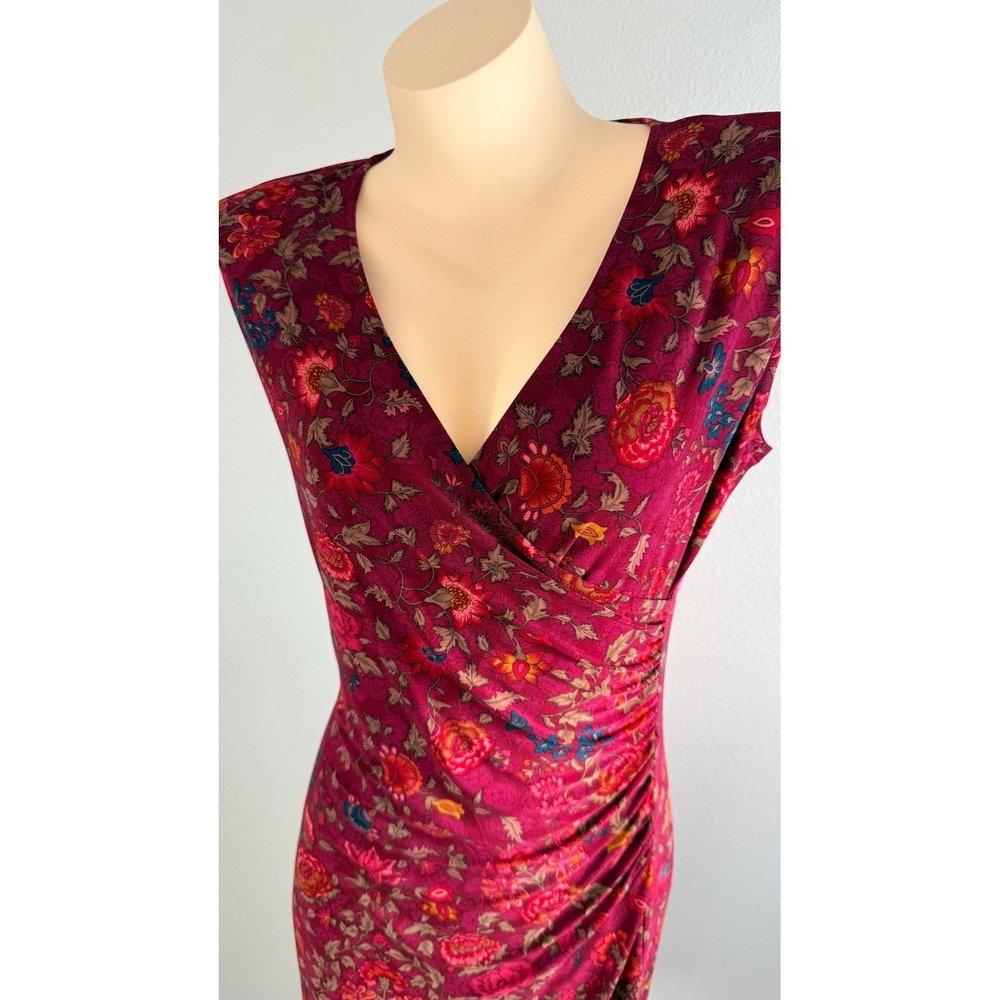 Lauren Ralph Lauren Burgundy Floral Ruched Faux Wrap Sheath Midi Dress Womens M - Picture 4 of 8